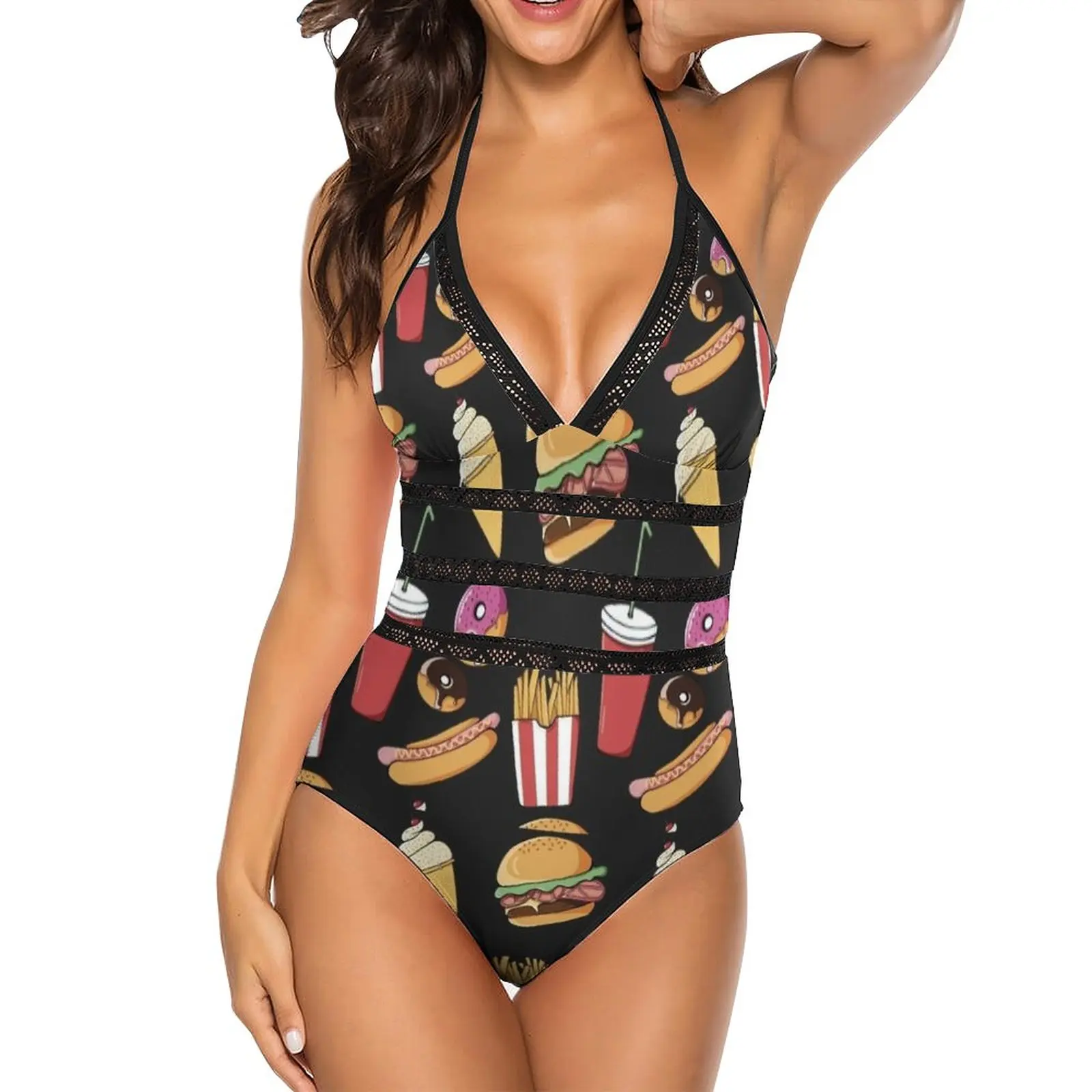 

Черный сетчатый купальник с рисунком фаст-фуда, слитный купальник с открытой спиной, сексуальная пляжная одежда, летние купальные костюмы, пищевое порно