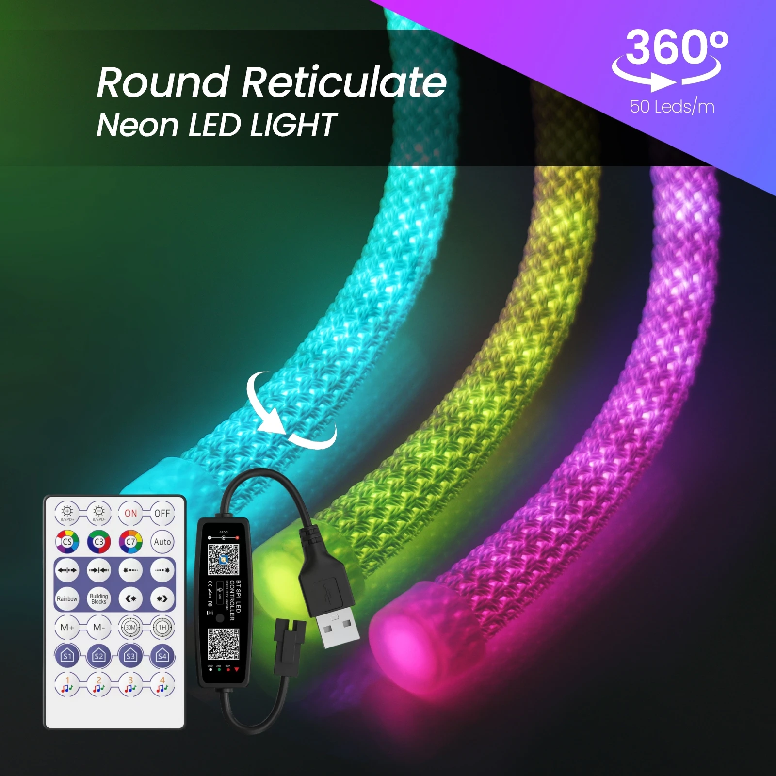 WS2812B круглая Ретикулярная неоновая Светодиодная лента 360 градусов WS2811 Smart RGBIC Гибкая Кремниевая фотолента 50 светодиодов/м Водонепроницаемая USB 28 клавиш
