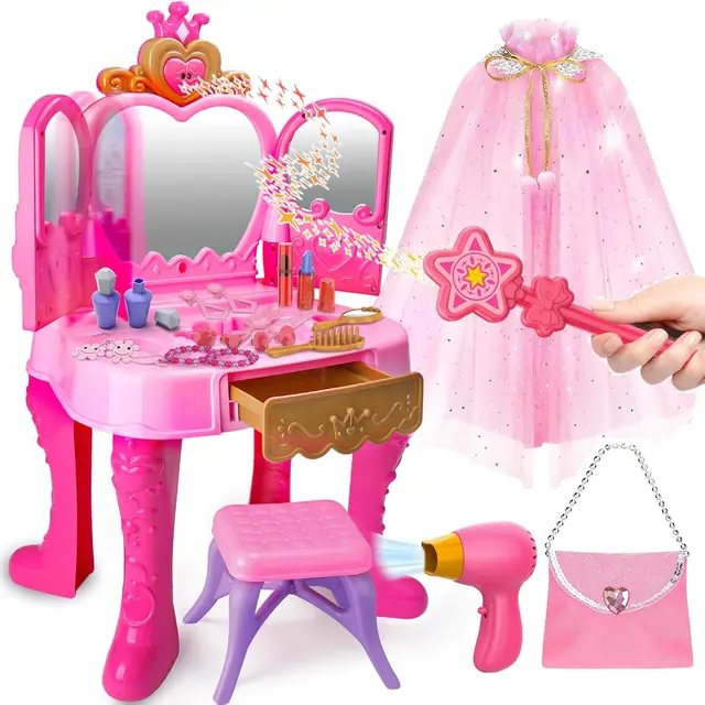 Magic Makeup Vanity Table & Chair Set for Girls with Light & Music, Pretend Play Toy