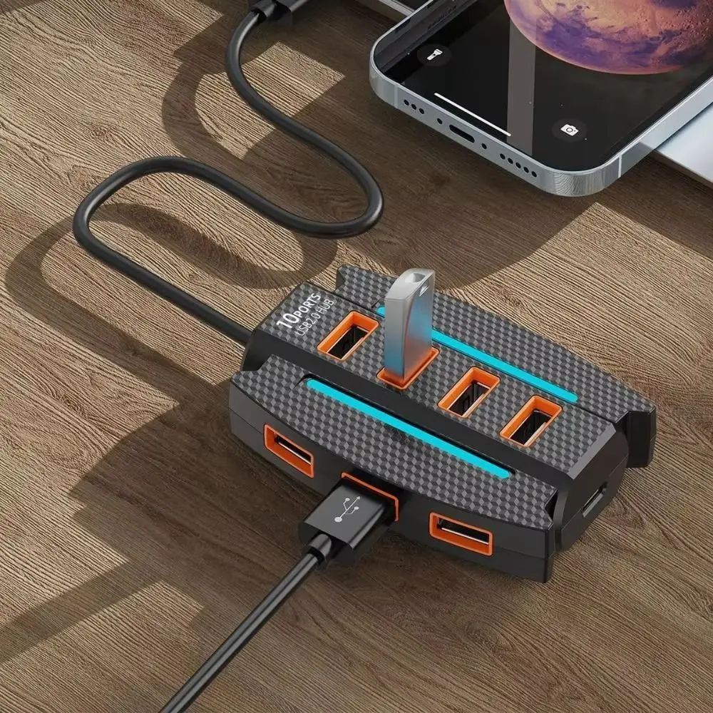 RGB 백라이트 10포트 USB 2.0 스플리터 데이터 전송 확장 10 in 1 USB2.0 허브 고속 커넥터 USB 포트 확장기
