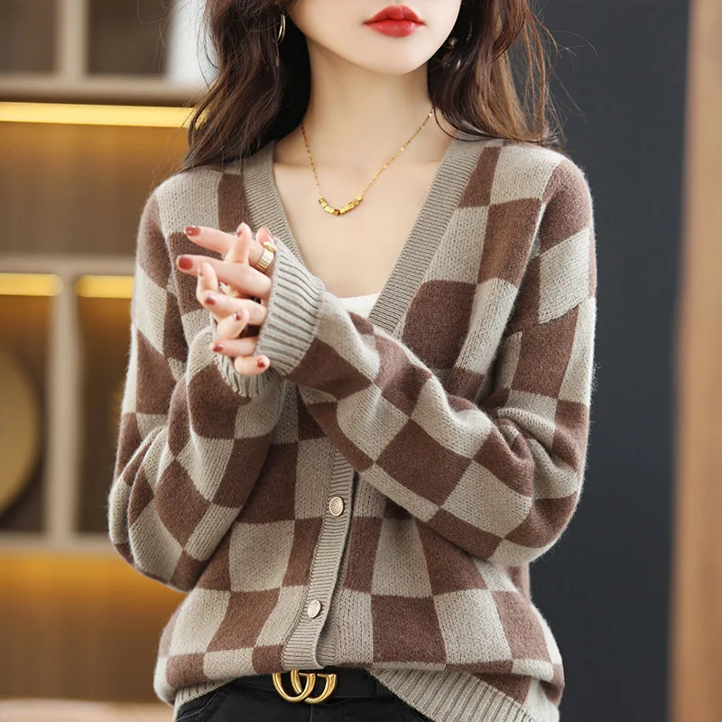 

Женский вязаный кардиган в клетку, свободный свитер с V-образным вырезом, Осень-зима 2023