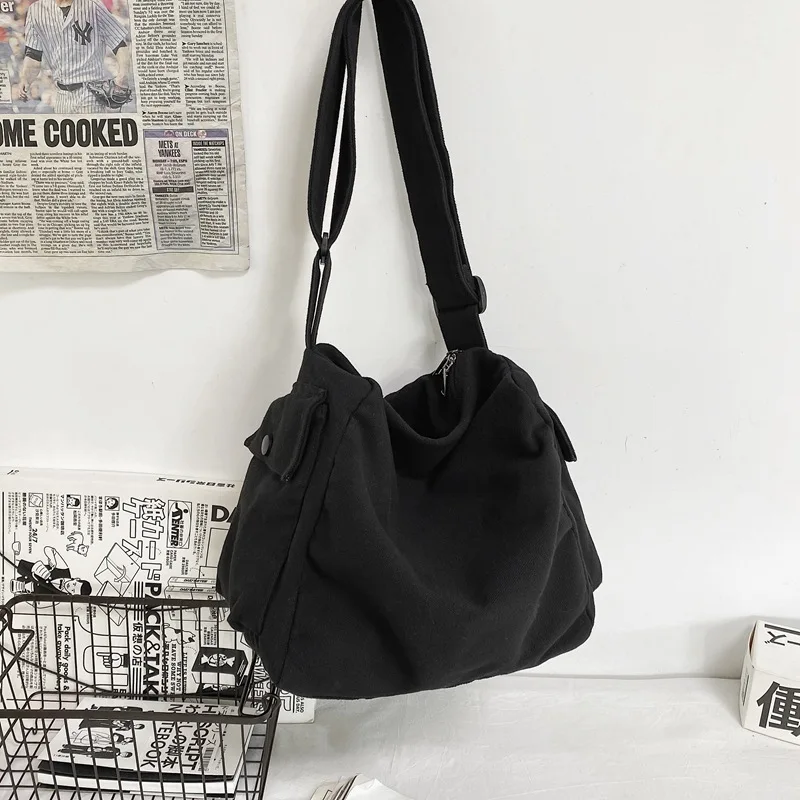 

Lazy style canvas bag ins Japanese vintage literature shoulder bag Women's personality wide shoulder strap crossbody bag