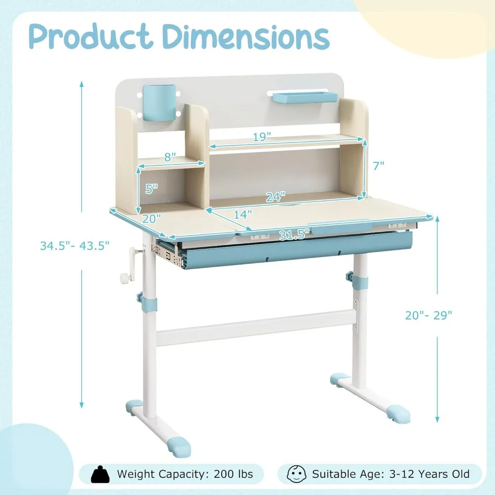 Kids Study Desk,Height Adjustable Children School Desk with Storage, Tilt Desktop, Pen Holder & Scale Ruler, Student Desk Table 3