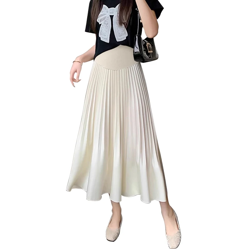 Summer Pregnant Woman Midi Skirts Long Loose Elegant Maternity Skirt Flowy Pleated Acetate Satin with High Waist Belly Support