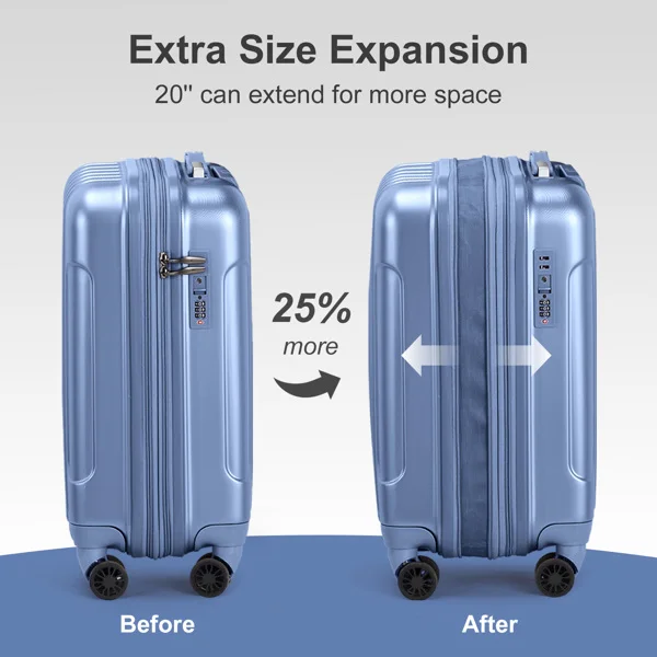  竖纹款两件套20寸可拓展带14寸手提箱 ABS&PC拉杆箱 14in 20in 静音轮 内铁外铝拉杆 时尚色系 灰蓝色（斜纹）-24