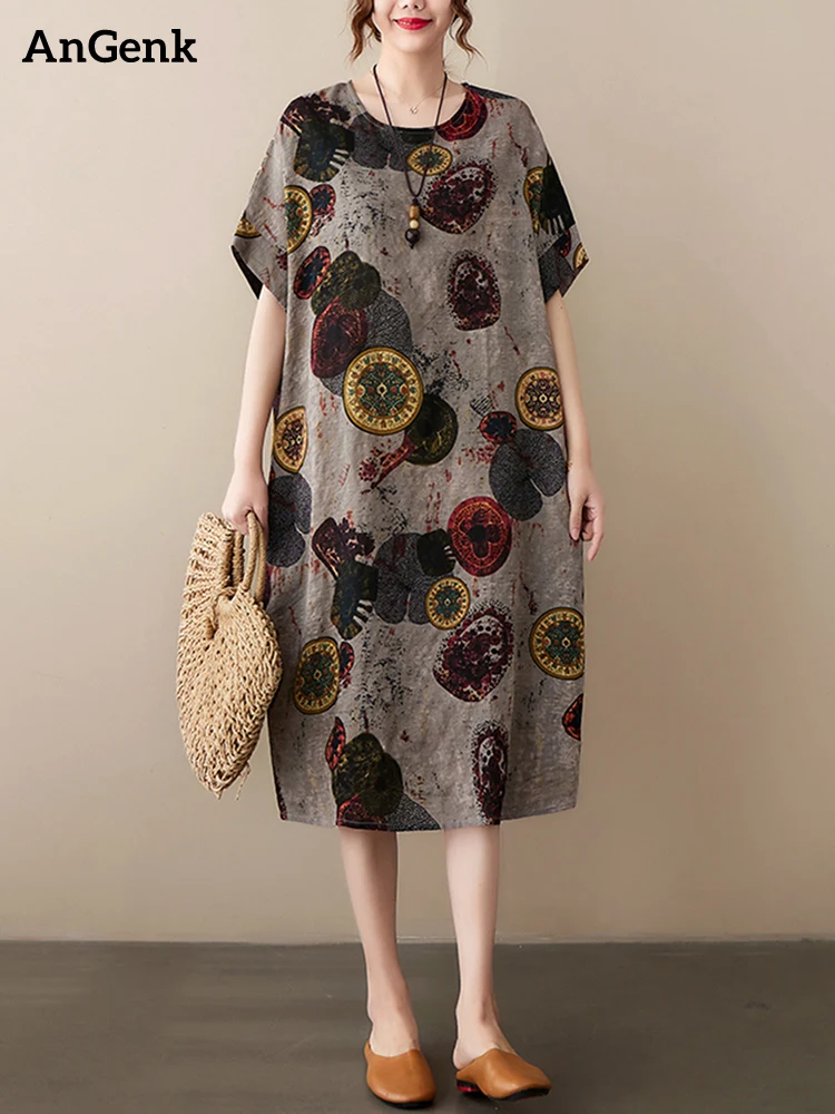

Short Sleeve Cotton Linen Vintage Print Summer Dresses For Women 2023 New Casual Loose Midi Holiday Ladies Dress Elegant Clothes