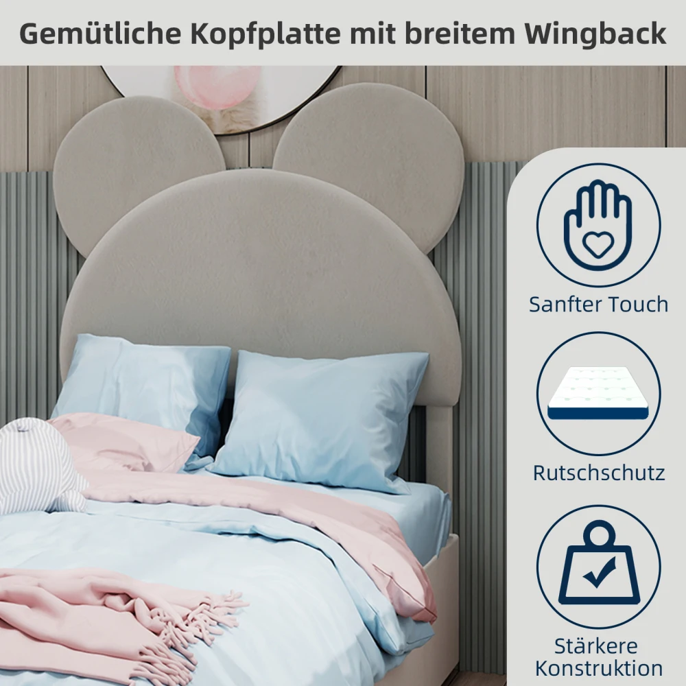 Modernes, minimalistisches Polsterbett mit weichem Kopfteil in Cartoon-Form, 90 x 200 cm Basis mit Gasliftmechanismus, Matratze nicht im Lieferumfang enthalten. – Detail 12