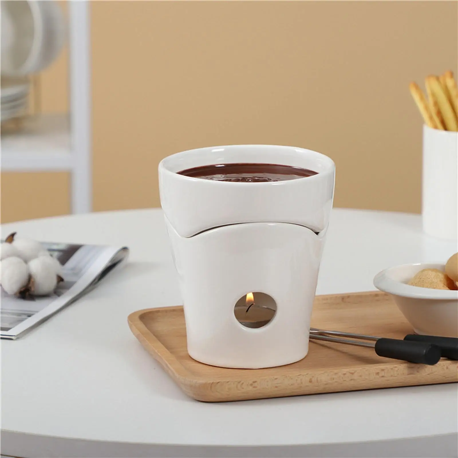 Chocolate Fondue Pot Melt Hot Pot Bowl Set Broth Tapas Cheese Butter Heater Cooking Ice Cream Warmer Ceramic Fondue Set