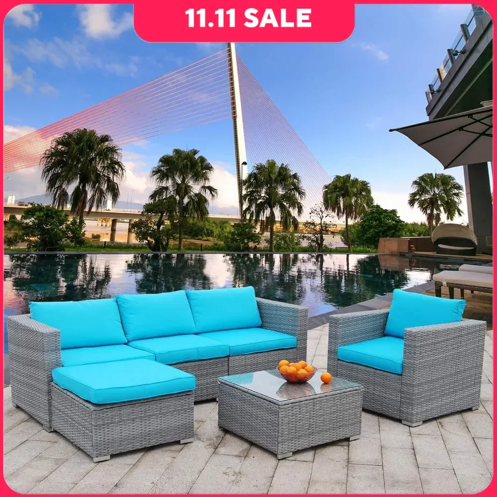 Garden Sofas 6pcs Patio Furniture Set PE Rattan Wicker Sectional Outdoor Sofa Set Outside Couch w/ Cushions & Table