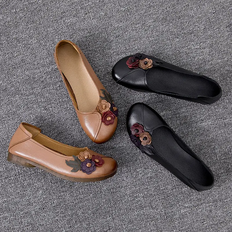 Women's Flats Shoes Retro Genuine Leather Moccasins Soft Oxford Mom Casual Shoes Flower Breathable Loafers Ladies Zapatos Mujer