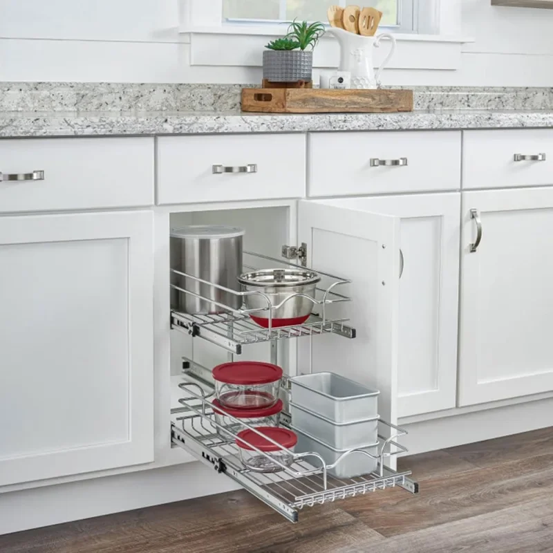 2-Tier Kitchen Cabinet Pull Out Shelf Drawer Organizer Slide Out Pantry Storage Basket Multiple Sizes