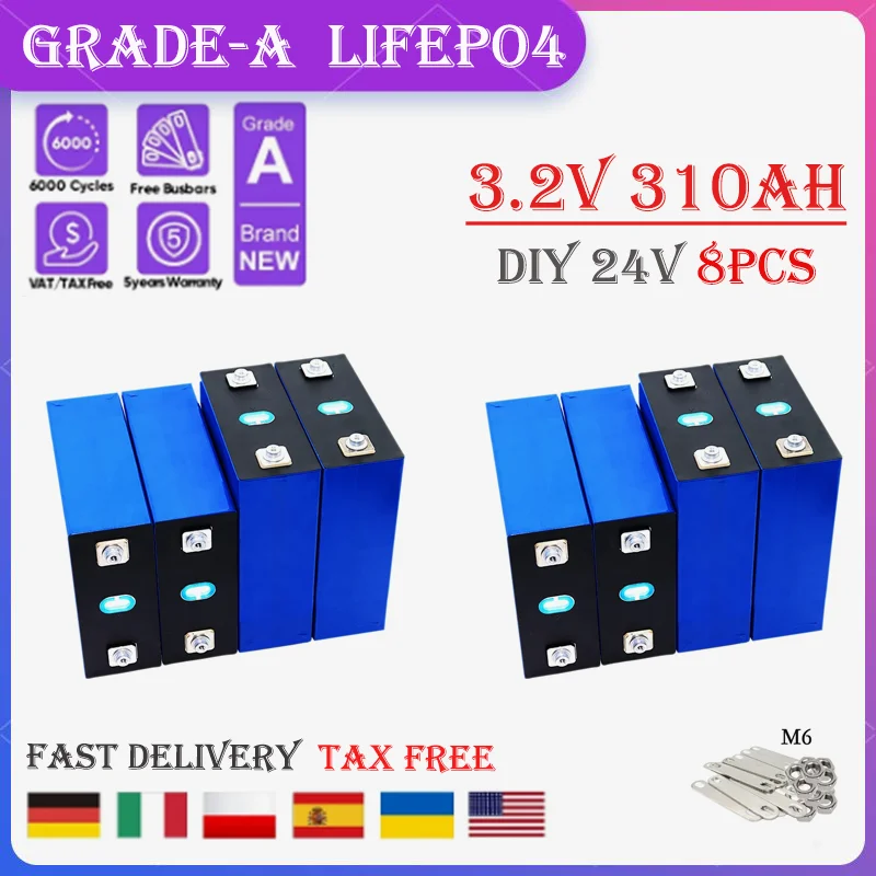 

6000 Cycles Grade A 320Ah 310Ah LiFePO4 Battery 3.2V Rechargeable Lithium Iron Phosphate Cell DIY 12V24V48V RV EV Vans Golf Cart