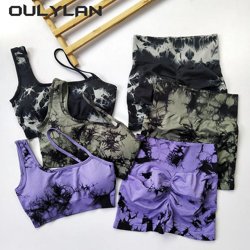 

Women Seamless Sports Suit Cycling Shorts with Running Bra Tie Dye Yoga Set 2024 NEW Gym Tracksuit Elastic Fitness Outfit