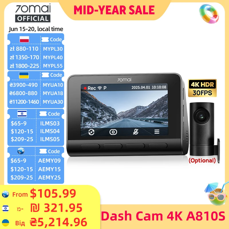 70mai Dash Cam 4K A810S HDR IMX678 Supercapacitor 4G LTE Remote Control Wi-Fi 6 Voice Control GPS ADAS Car Camera 70mai A810S