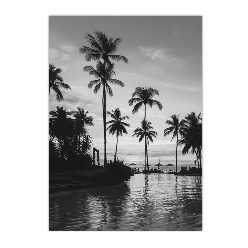 Monochrome Palm Tree and Sea Waves Beach Canvas Art - Nordic Coastal Wall Decor