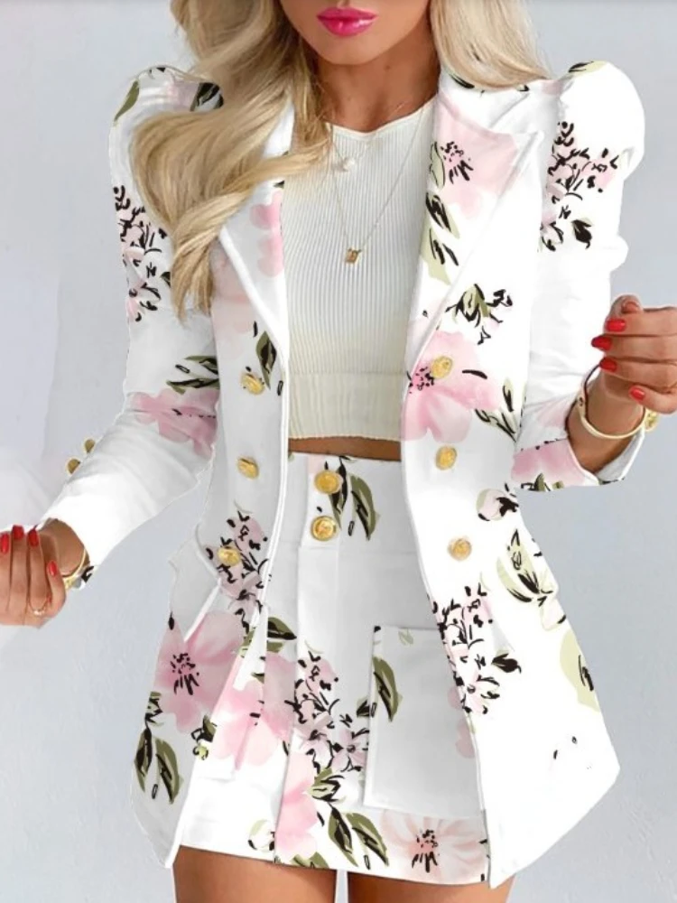 

2023 New in Mini Skirt Suit Autumn 2 piece Long Sleeve Tailleur Femme Blazer + Skirt Set Dress Elegant Women Business Suits