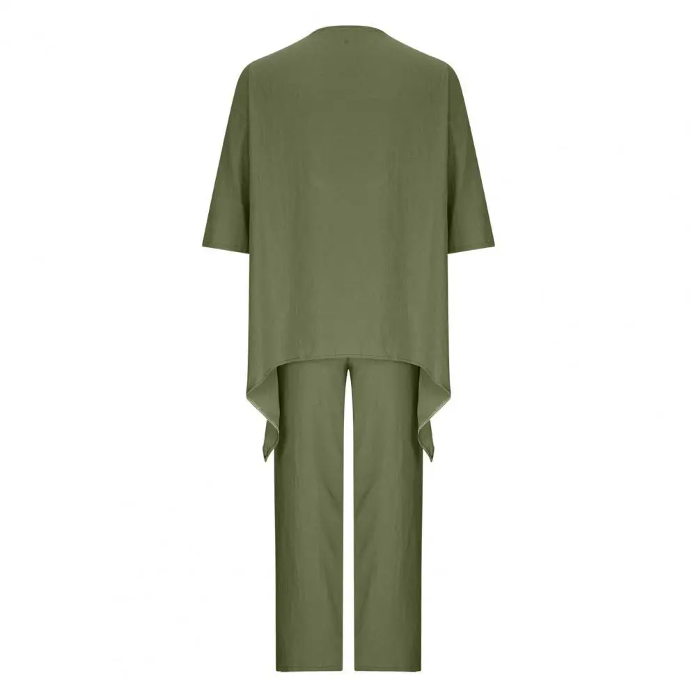 

Casual Cotton Linen Suit Women's 2-piece Set Loose Solid Color Top with Irregular Hem Wide Leg Pants Round Neck T-shirt Soft