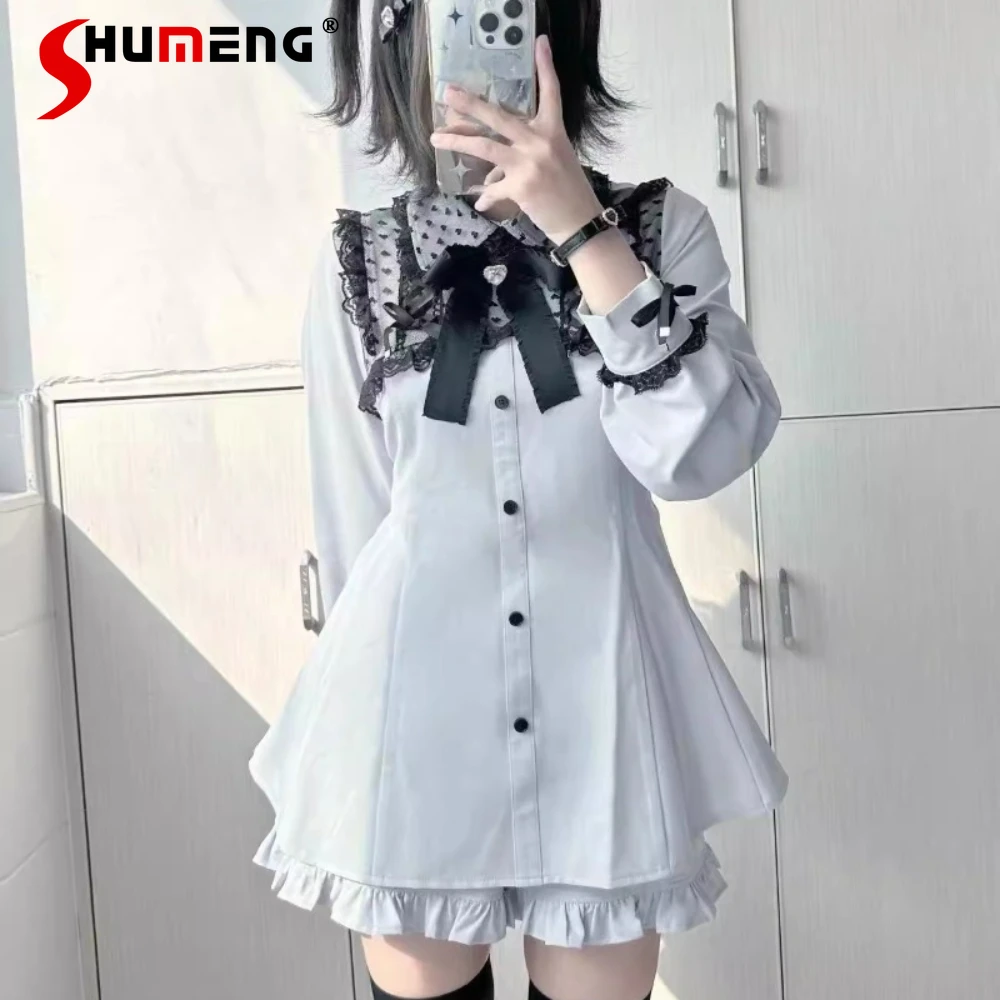 Japanese Lolita Mine Mass-Produced Heart-Shaped Lace Tied Long Sleeves Single-breasted Dress Blouse Shorts Suit Two Pieces Sets lolita cosplay cat claw gloves fashion silicone fingerless plush 3d toes cat paw hand sleeves knitted kitten mittens supplies