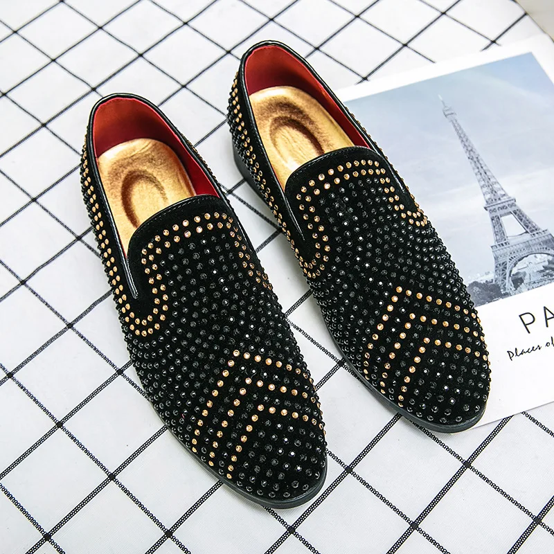 

Brand New Men Dress Shoes Pointed Toe Party Suede Leather Casual Shoes Rhinestone Wedding Shoes Big Size