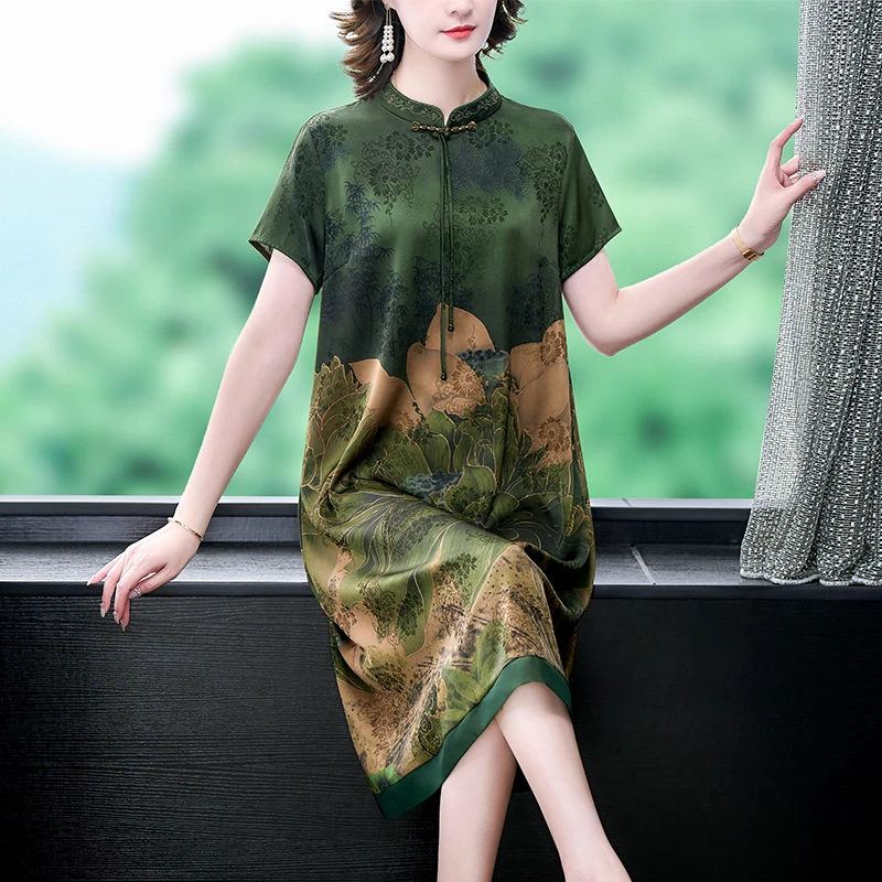 

Женское шелковое платье-Ципао с коротким рукавом, свободное Повседневное платье с принтом, лето 2023
