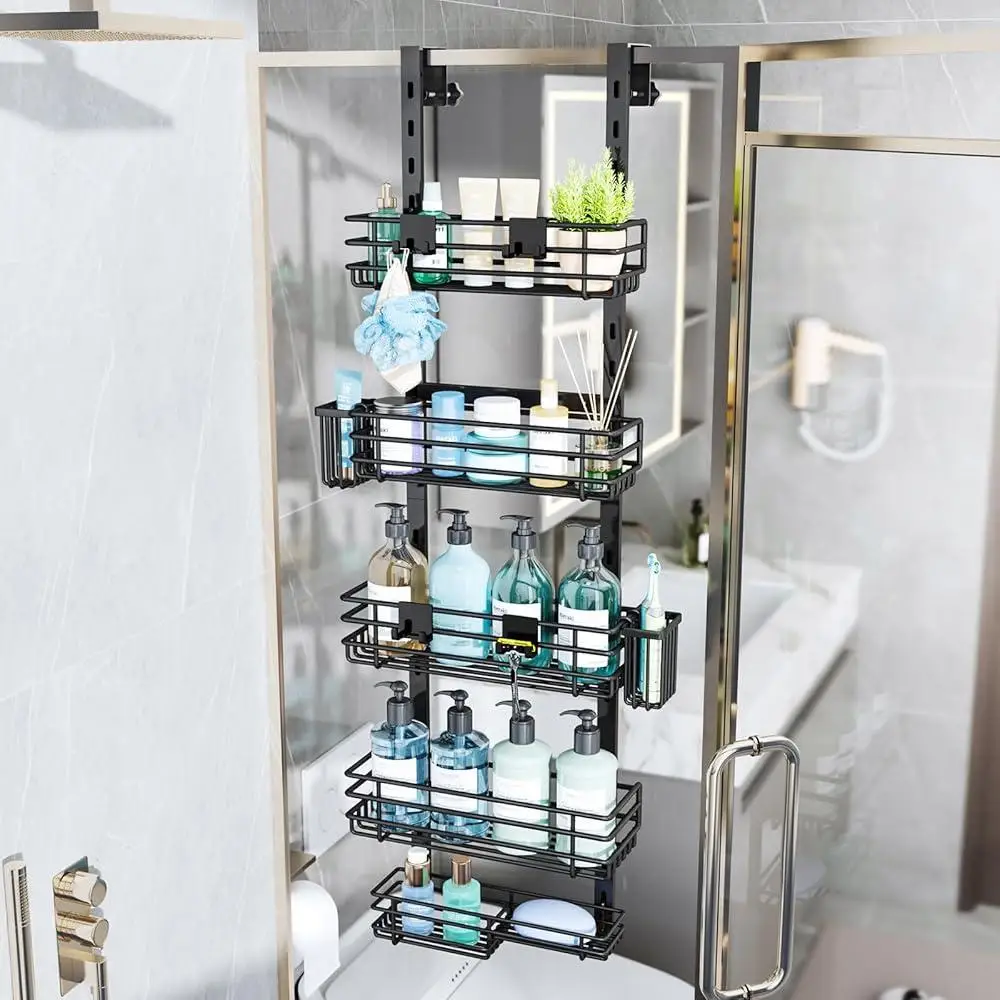 Over The Door Shower Caddy 5 Tier Rustproof Adjustable Organizer with 2 Toothbrush Holders 4 Hooks Space Saving Bathroom Shelf 5