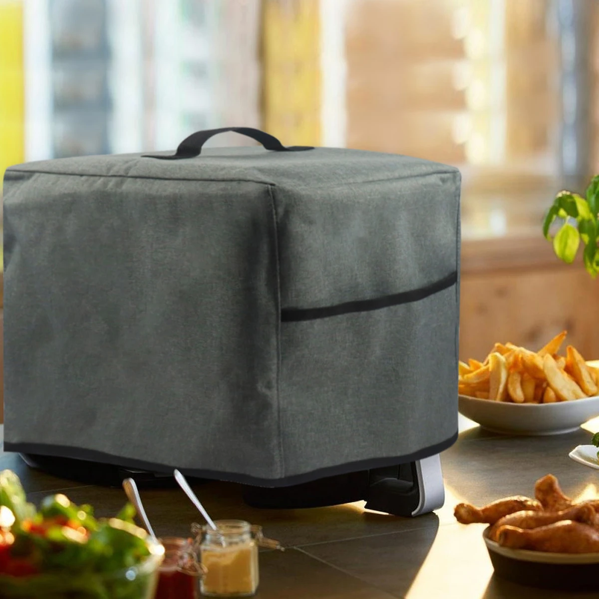 Kitchen Dust Cover Air Fryer Hood Air Fryer Dust Cover Handle Storage Pockets Reusable Waterproof Nylon Small Appliance Washable