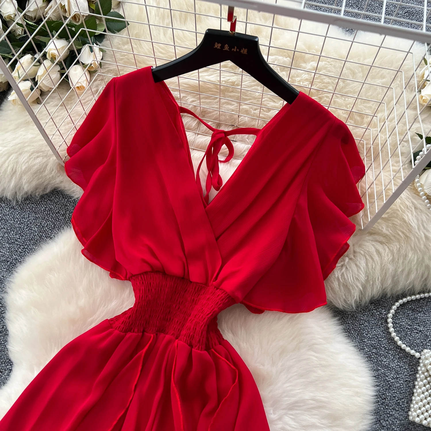 Elegant Criss-Cross chiffon short sleeve Vintage Chic Slim Ball Gown Dresses French Evening High Street Clothing