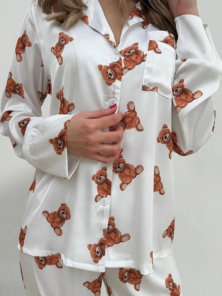 Marthaqiqi Casual Women'S Pajamas 2 Piece Set Long Sleeve Nightgowns Sexy Turn-Down Collar Sleepwear Wide Leg Pants Nightie Suit