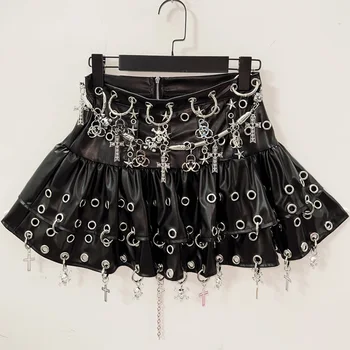 Faux Leather Metal Pendant Chain Skirt 18