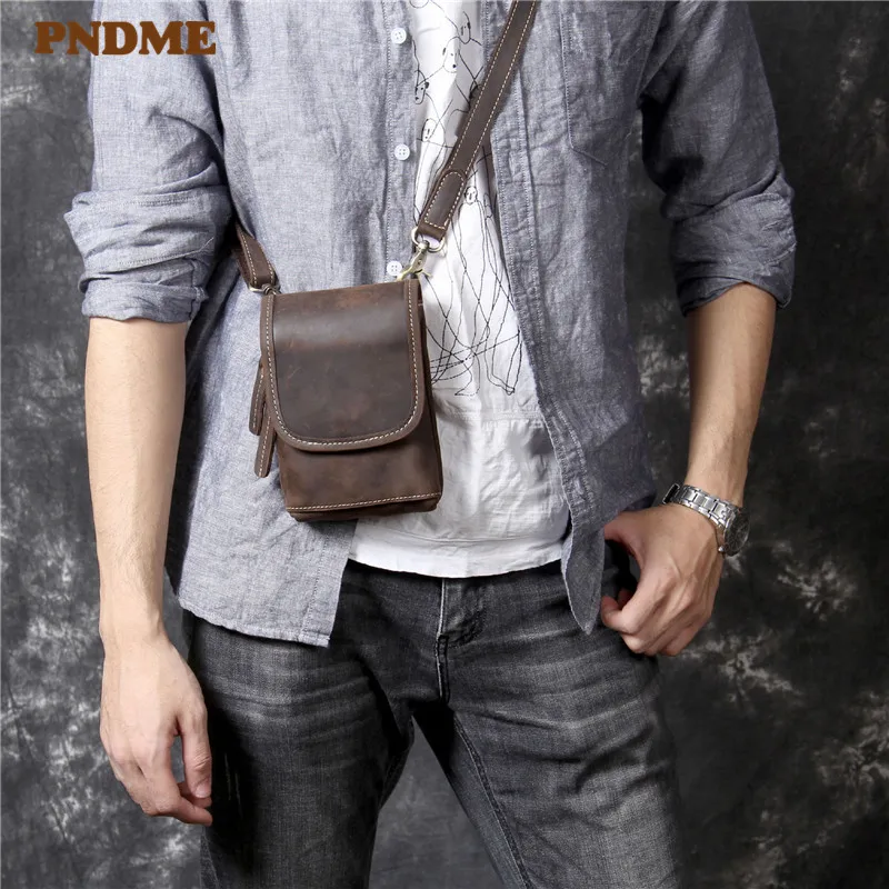 High quality simple crazy horse cowhide men's crossbody bag casual vintage genuine leather small phone shoulder bag belt bag