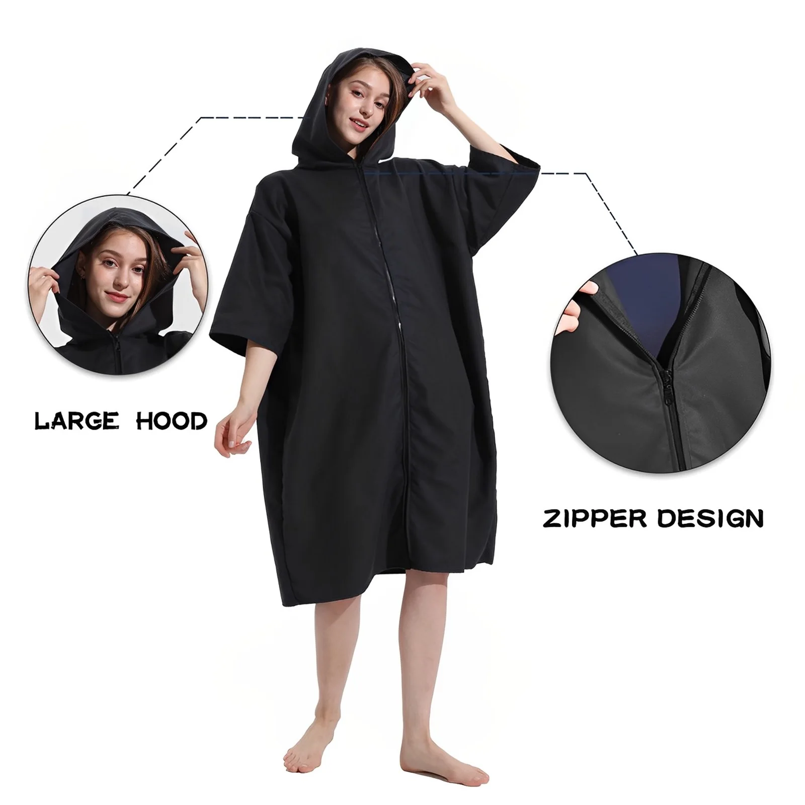 Microfiber Poncho Towel with Zipper Surf Beach Wetsuit Changing Bath Robe with Hood Watersports Activities Adults Men Women Kids