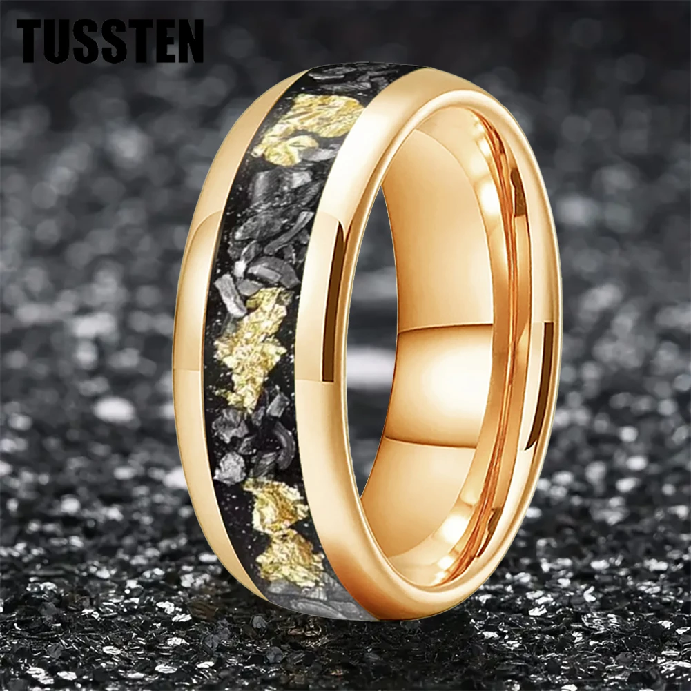 TUSSTEN 6/8MM Dome Edges Mens Womens Fashion Engagement Wedding Band Meteorite Gold Foil Inlay Tungsten Carbide Rings