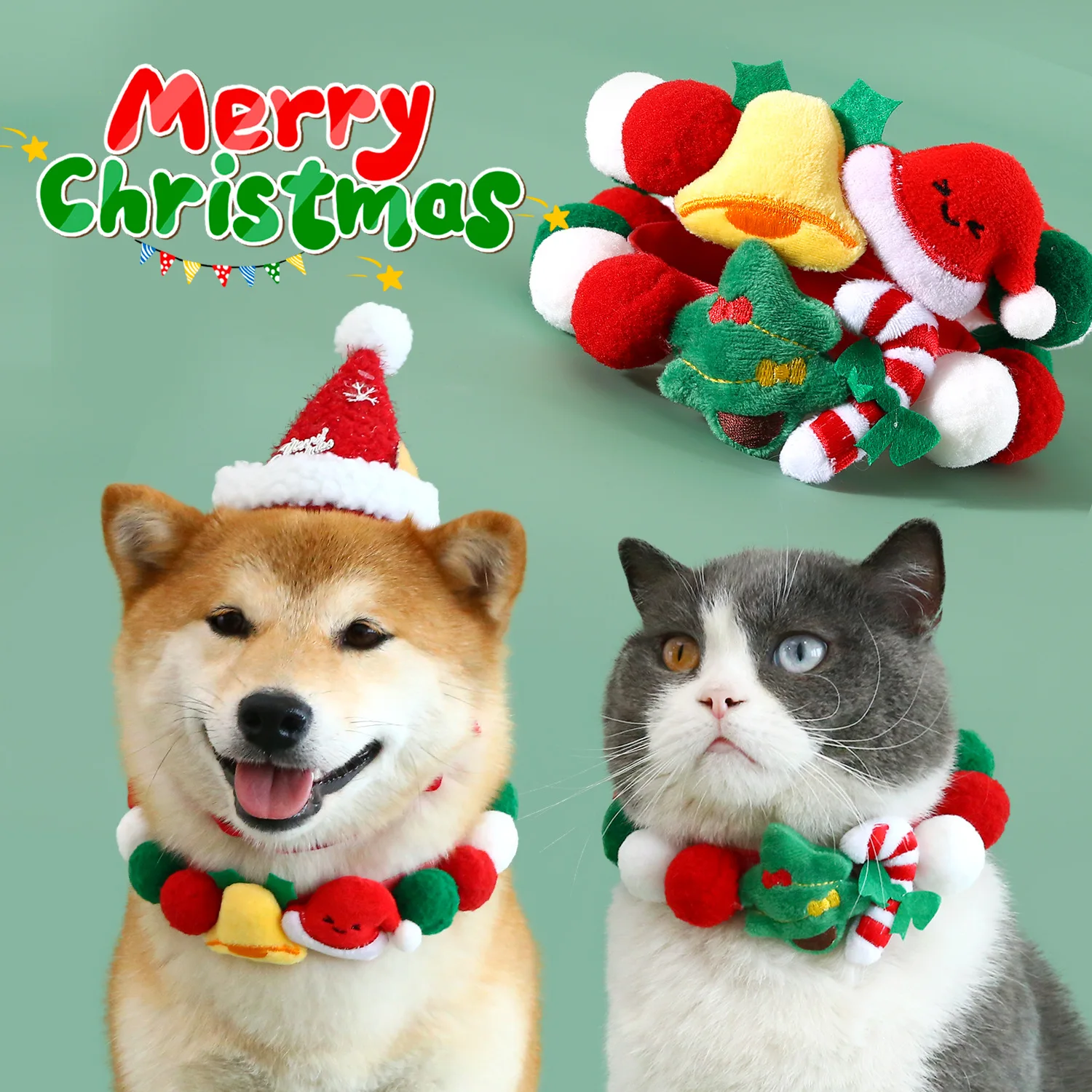 

2023 Pet Ball Ball Collar Plush Fabric Bells Christmas Tree Hat Colorful Cat Dog Bib Decorative Chain