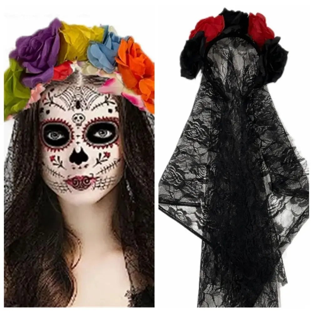 Simulation Flowers Hair Band for Women Girls Hair Accessories Halloween Headwear Dark Style Rose Lace Ghost Bride Headband