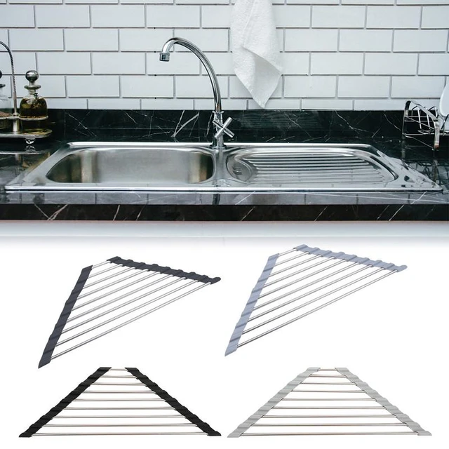 Triangle Dish Drying Rack For Sink Corner, Roll Up Dish Drying Rack,  Folding Stainless Steel Multipurpose Over The Sink Corner Dish Drainer,  Roll Up Over The Sink Drying Rack, Kitchen Stuff 