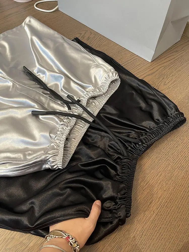 Men Shiny Silver Casual Shorts with Pockets Oversize Elastic Waist American Trendy Sports Pants Glossy Party High Street Bottoms