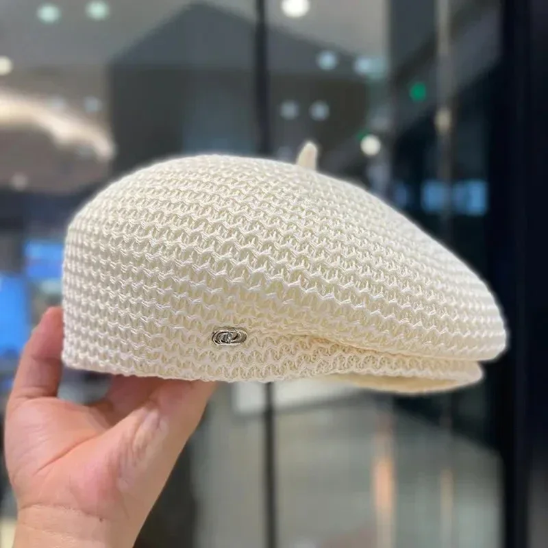 Women's Knit Beret Hat - Breathable Summer Straw Painter Style_voghion.com