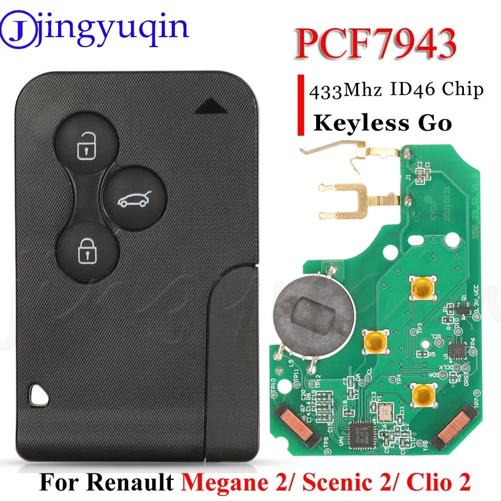 

Jingyuqin, 3 кнопки, Φ 433 МГц, чип Pcf7943 для Renault Megane 2 Scenic 2 Clio 2 Fob BCM, БЕСКЛЮЧЕВОЙ режим, свободные руки