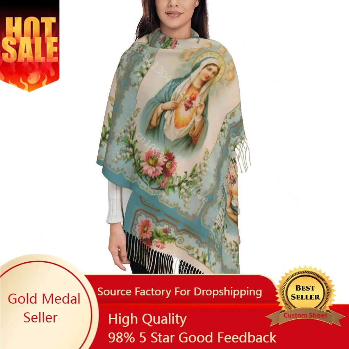 

Women's Scarf with Tassel Virgin Mary Catholic Large Super Soft Shawl and Wrap Christian Daily Wear Cashmere Scarf