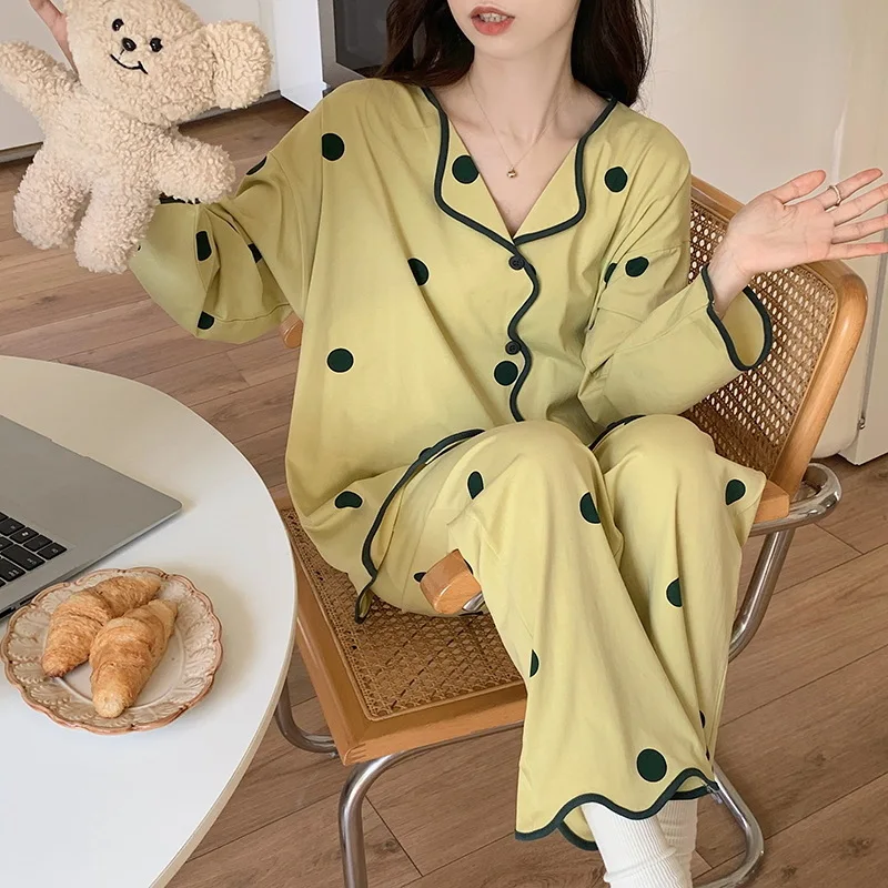 Autumn Winter Women's Cotton Pajamas Long Sleeve Cardigan Pants Loose Fit Oversized Jacquard Home Clothing Set Sweet Sleepwear