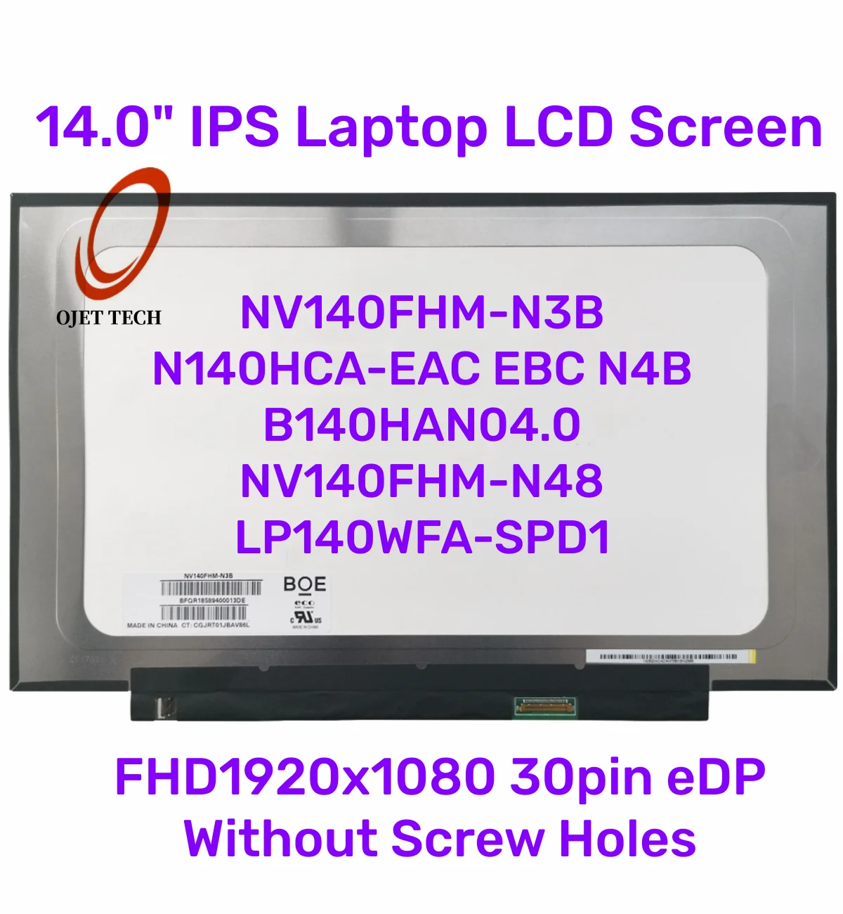 Tela Lcd do Portátil Ips 140 Nv140fhm-n3b N140hca-eac Qing N4b B140han04.0 Nv140fhm-n48 Lp140wfa-spd1 Led Fhd1920x1080 30pin Edp