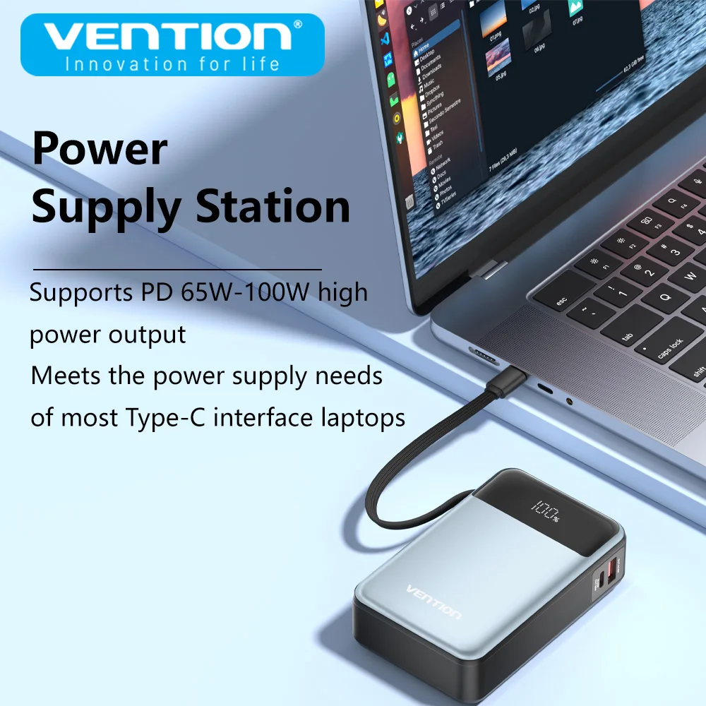 Vention Power Bank 20000mAh 65W PD Fast Charger with Built-in Type-C Cable External Spare Battery Portable Power Bank for Laptop 2