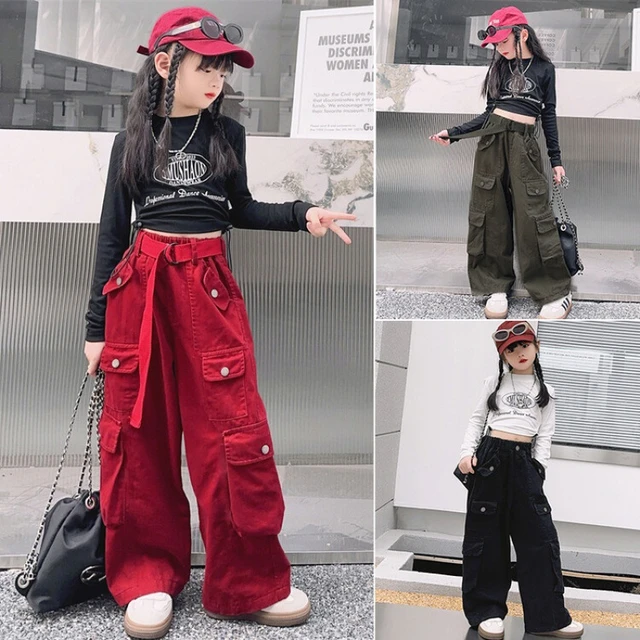 Kids Girl Black Cargo Pants with Belt 8 10 12 years Fashion Cool Trousers -  AliExpress