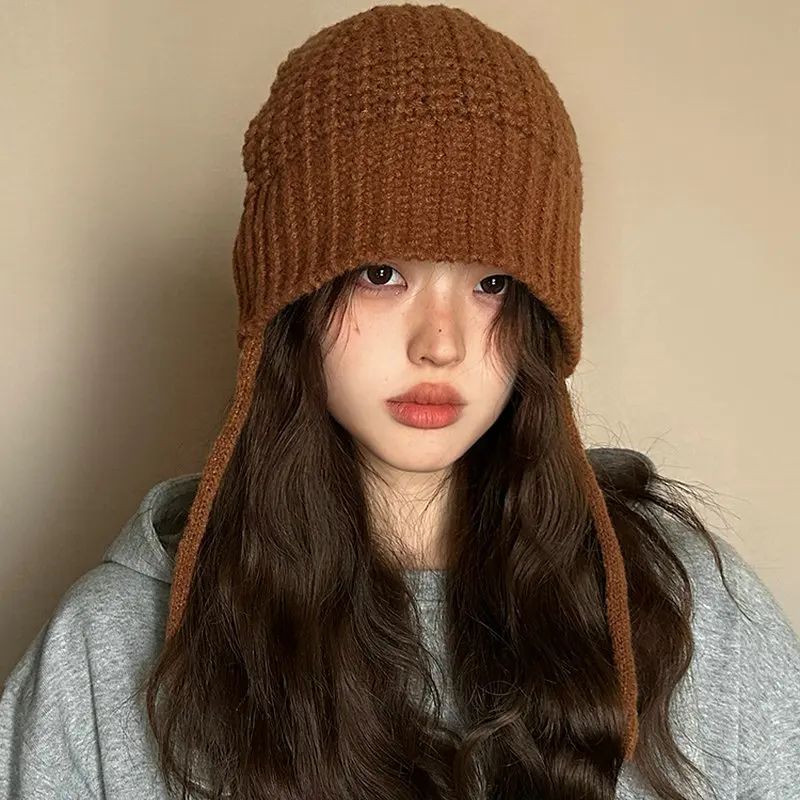 

Korean Thicken Knitted Woolen Pullover Hat Women Winter Warm Street Hats Fashion Skullie Balaclava Ear Protection Beanies Cap