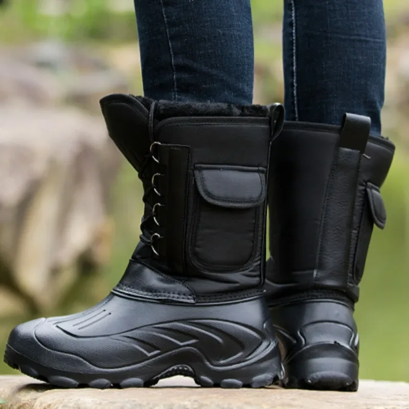 SP5 Men's Winter Waterproof High Boots, Non-Slip Warm Fishing Footwear, Outdoor Snow Boots with Fleece for Cold Weather