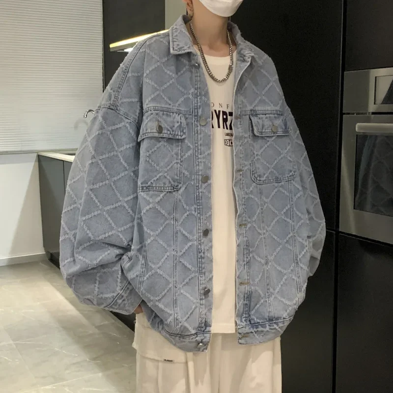루즈핏 학생 체크무늬 라펠 가디건, 데님 재킷, 캐주얼 홍콩 스타일, 트렌디 브랜드, 남성 용수철 가을 패션
