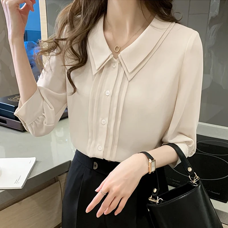 

New Fashion 2024 Blusa Women Blouses Summer Women Tops Short Sleeve Women Shirts Apricot Chiffon Blouse Shirt Blusas Mujer D328