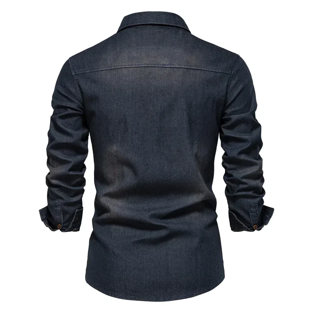 Denim Shirt Long Sleeved Shirt AIOPESON Elastic Cotton Denim Shirt Men Long Sleeve Cowboy Shirts for Men Casual Slim Fit Jeans Shirts