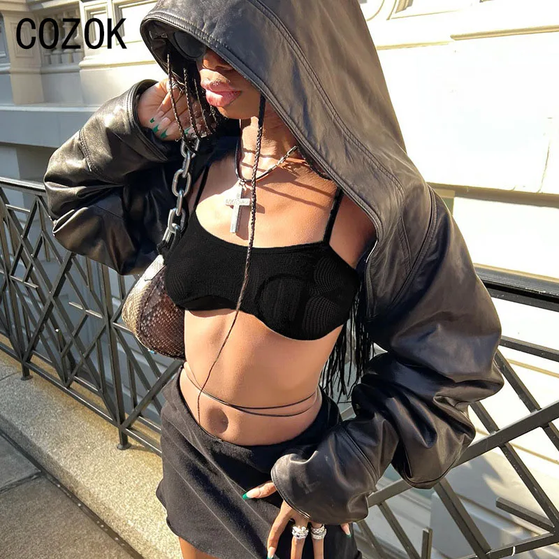 

Cozok Hooded PU Leather Cropped Jacket Women Hip Hop Punk Style Black Full Sleeve Cardigan Coat Y2k Chic Short Outwear 2023 Fall