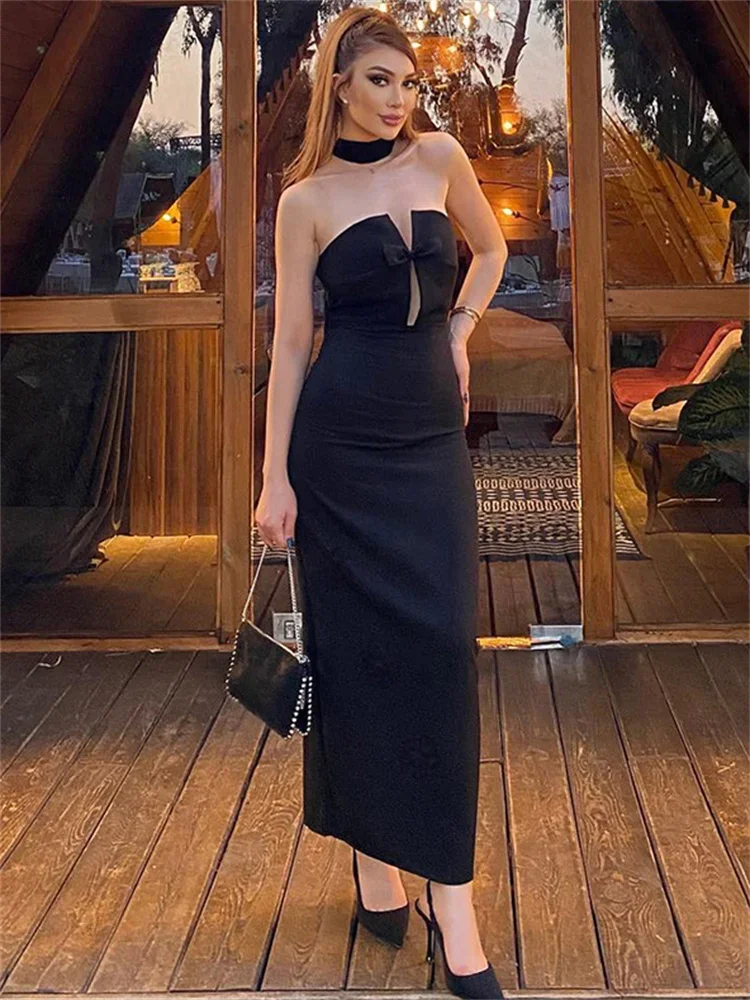 

Tossy Off-Shoulder Bow Slim Long Dress Women's Fashion Collage Sexy Hollow Backless Elegant Evening Dress Women's Long Dress